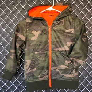 Kids 7 green camo zip hoodie jacket orange fleece lining